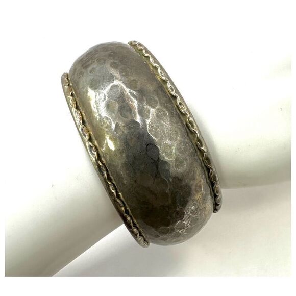 Silver tone hammered wide bangle bracelet - Picture 1 of 9